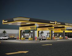 a gas station with cars parked at it's pumps