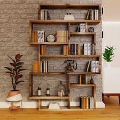 a bookshelf in the corner of a room with a potted plant next to it