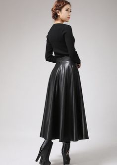 Black faux leather skirt Classic style maxi skirt women PU Fitted Flared Leather Skirt, Fitted Faux Leather Flared Skirt, Leather Pleated Skirt For Party, Fall Evening Wide Leg Maxi Skirt, Elegant Long Leather Skirt, Leather Flared Skirt For Fall, Fall Leather Flared Skirt, Relaxed Flared Leather Skirt, Faux Leather Lined Midi Skirt