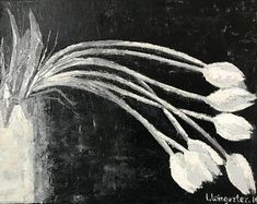 a black and white painting of flowers in a vase