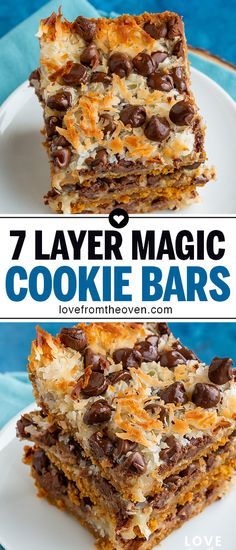 the 7 layer magic cookie bars are stacked on top of each other and ready to be eaten