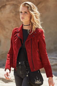 The Shawna navigates your journey along open highways or city streets. Free shipping   returns. Affordable Red Denim Jacket With Pockets, Moto Jacket Bootcut Jeans, Maroon Motorcycle Jacket, Suede Moto Jacket Bootcut Jeans, Moto Jacket Cowboy Boots, Blank Nyc Pink Suede Moto Jacket, Red Leather Jacket Outfit, Red Jacket Outfit, Womens Leather Jacket Outfit