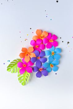 colorful paper flowers on white background with confetti