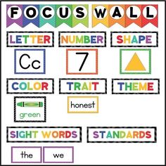 a colorful poster with the words focus wall and color that is in different font styles