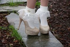 Frilly Socks And Heels, Coquette Bunny, Dolly Shoes, Heels And Socks, Lace Ankle Socks, Bobby Socks, Frilly Socks, Beautiful High Heels, Lace Socks