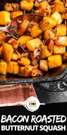 a skillet filled with cooked potatoes on top of a table