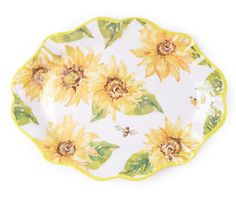 a yellow and green plate with sunflowers on it