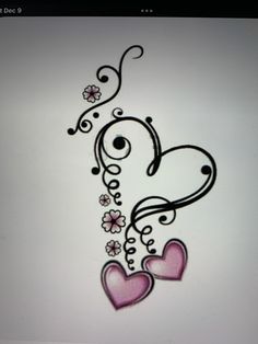 a drawing of two hearts with swirls and flowers on the bottom half of it