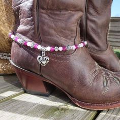 Heart Charm And Shades Of Pink Beads Make Up This Beautiful Boot Bracelet. Looks Great On Any Style Boot! Could Possibly Double As A Choker. Perfect For A Valentines’ Day Gift Handmade By Me Boot Charms, Upcycled Projects, Boot Bracelet, Boot Bling, Leather Ideas, Boot Jewelry, Craft Corner, Beautiful Boots, Hand Crafted Jewelry