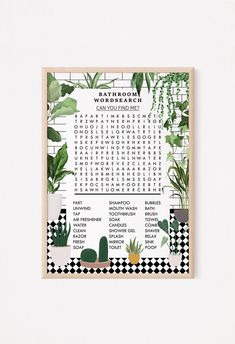 a printable bathroom word search puzzle with plants and checkered tiles on the wall