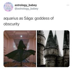 an image of a woman standing in front of a castle with the caption aquarius as saga goddess of obscuritty