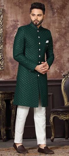 Green color IndoWestern Dress in Art Silk fabric with Embroidered work Fitted Dress With Motifs For Festive Season, Wedding Green Kurta With Floral Embroidery, Green Gown With Floral Embroidery For Eid, Formal Green Gown With Resham Embroidery, Green Dresses With Zari Work For Ceremonies, Fitted Dresses With Motifs For Festive Occasions, Festive Green Ceremony Gown, Green Resham Embroidery Formal Dress, Elegant Dresses With Motifs For Eid