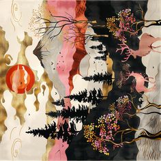 an abstract painting with gold, pink and black trees in the foreground on a white background