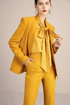 Yellow Blazer Blouse and Pant Suit Set - FashionByTeresa Yellow Work Outfit, Yellow Monochromatic Outfit, Pant Suit Set, Blazer Blouse, Take A Risk, Monochromatic Fashion, Yellow Suit, 2024 Outfits, Yellow Blazer