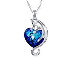 PRICES MAY VARY. 🐈【UNIQUE TO YOU】Unique cat design and sparkly blue heart-cut crystal, elegant look and cute. Best gifts for cat lover, it will remind you that your cat always by your side whatever and wherever you are doing. 🐈【MATERIAL】Made of Hypoallergenic Real 925 sterling silver and blue heart crystal，Lead Free and Nickel Free. 🐈【SIZE】Pendant size: 1.02*0.62 inches(26*16 mm), Rolo Chain Length: 18-20 inches adjustable with lobster clasp which make sure it will fit perfectly according to Austria Christmas, Silver Cat Pendant, Gifts For Cat Lovers, Cat Pendant Necklace, Friend Bff, Silver Necklaces Women, Sterling Silver Cat, Cat Pendant, Heart Shaped Jewelry