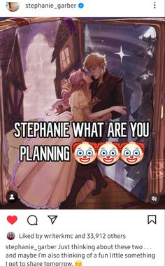 an image of two people hugging each other with the caption, stephanie what are you planning?