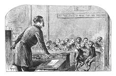 an old black and white drawing of a man standing in front of a classroom full of children