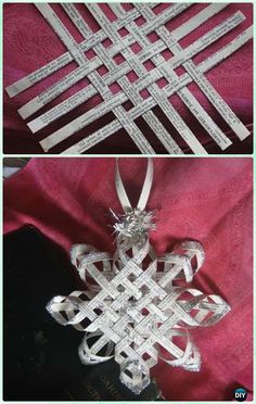 an ornament made out of strips of paper and ribbon is shown in three different ways