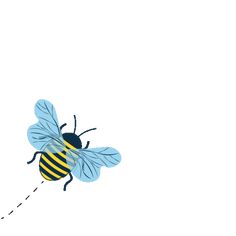 a blue and yellow bee flying through the air with a string attached to it's back