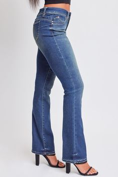 Slide into this denim like he does your DMs. Our Women’s WannaBettaButt Mid Rise Boot Cut Jeans made with recycled fibers will have you feeling too hot to handle. Part of our WannaBettaButt collection, these pants feature our famous heart-shaped stitching and perfectly placed pockets for a contouring look that lifts and enhances your natural curves. Constructed with midweight denim, this mid-waisted jean is fitted hip to knee with a subtle boot flare at the hem. Made with recycled material because earth is bae <3 Style with a baby tee and cowboy boots for a rocking good time! Product Details - Mid-Rise- Front Zip Fly with Single Button Closure - Classic 5-Pocket Construction - Boot Cut - Full LengthSize & Fit (based on size 5)- Inseam: 33”- Rise: 9”- Leg Opening: 18”Machine wash cold, sepa Mid-rise Flare Jeans In Medium Wash Recycled Denim, Mid-rise Medium Wash Recycled Denim Flare Jeans, Medium Wash Mid-rise Flare Jeans In Recycled Denim, Dark Wash Recycled Denim Flare Jeans, Mid-rise Washed Blue Flare Jeans In Recycled Denim, Mid-rise Washed Blue Recycled Denim Flare Jeans, Mid-rise Dark Wash Flare Jeans In Recycled Denim, Mid-rise Flare Jeans In Washed Blue, Mid-rise Dark Wash Recycled Denim Flare Jeans