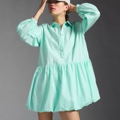 Size S Mint Anthropologie Maeve Bubble-Hem Shirt Dress In A Playful Loose-Fit Style. Nwt. - Cotton; Cotton Lining - Top Unlined, Bubble Hem Lined - Button Front - Machine Wash Dimensions - Standard: Falls 34.75" From Shoulder Crossback Dress, Halter Backless Dress, Lace Tunic Dress, Tweed Shift Dress, Mini Tunic Dress, Bubble Hem, Boho Mini Dress, Bubble Dress, Floral Shirt Dress