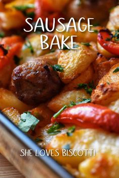 sausage bake with potatoes and peppers in a casserole dish on a wooden table