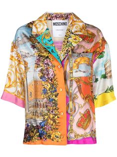 multicolour silk satin weave graffiti print notched collar front button fastening fabric-covered buttons short sleeves straight hem Moschino Shirt, Moschino Dress, Fashion Silhouette, Wing Collar, Printed Silk Shirt, Fabric Covered Button, Shirt For Women, Notched Collar, Silk Shirt