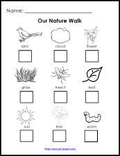 a worksheet for the nature walk with pictures and words to help kids learn how to