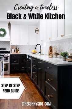 a kitchen with black and white cabinets and wood floors is featured for the sunnyside blog