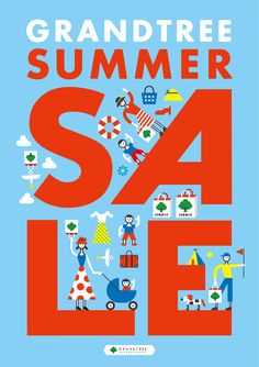 an advertisement for the summer sale is shown in red, white and blue with people on it