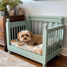 a small dog laying in a green crib bed