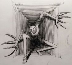 a drawing of a person in a tunnel with one foot on the ground and another leg up