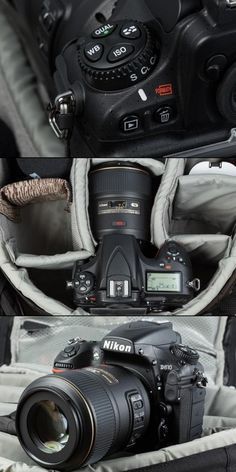 two different shots of the same camera, one with its lens in it's bag