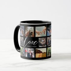 a black and white coffee mug with the words love surrounded by pictures of people holding hands