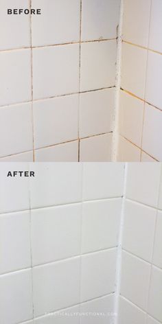 before and after photos of a bathroom tile cleaning job with white grout on the walls