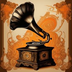 an old - fashioned record player with a large horn on it's top, in front of a decorative background