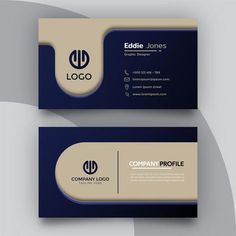 two business cards with an abstract design on the front and back, both in blue and beige