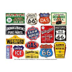 various vintage signs and stickers are displayed on a white background for use in advertising