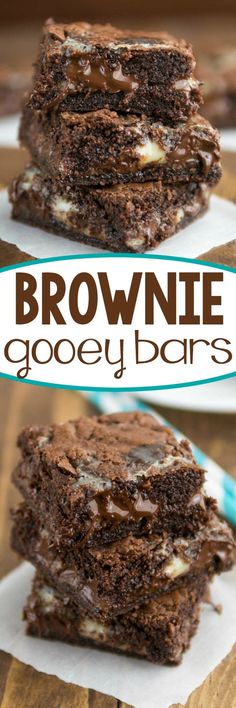 brownie gooey bars stacked on top of each other with the title above it