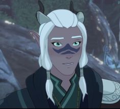 an animated character with white hair and horns on his head, in front of trees