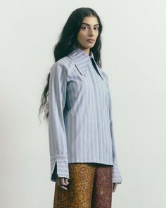 HIGH-NECK SHIRT WITH POINTED COLLAR ENDS, MIRROR EMBROIDERIES ON THE COLLAR & SLEEVES, AND SLITS AT THE SLEEVE ENDS & A CUT IN THE MIDDLE100% Cotton High Neck Shirts, Neck Shirt, Blue Stripes, High Neck, Mirror, Collar, Blue