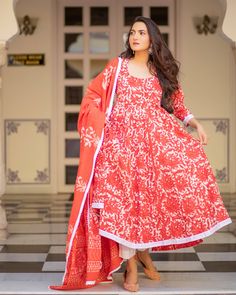 Cotton Dress Set - Red Colored Dabu Print - www.riafashions.com Indian Kurtis, Dabu Print, Women Kurta, Designer Anarkali, Cotton Dupatta, Kurta Designs Women, Online Shopping India, Indian Suits, Printed Cotton Dress