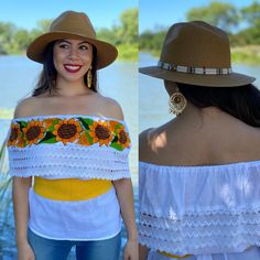 This Beautiful Off the Shoulder Mexican Sunflower Blouse is the perfect Top for a night out or a special event. It's comfortable with elastic around the shoulders, is full of vibrant embroidered florals and has lace details. Please Note: This blouse comes in one size which fits sizes Small and Medium. Fitted Multicolor Embroidered Top For Vacation, Fitted Top With Multicolor Embroidery For Vacation, Fitted Tops With Multicolor Embroidery For Vacation, Fitted Folk Style Tops For Festive Occasions, Fitted Multicolor Embroidered Top For Beach, Embroidered Fitted Festival Blouse, Embroidered Fitted Blouse For Festival, Fitted Embroidered Blouse For Festival, Summer Embroidered Fitted Blouse