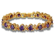 Add a touch of elegance to your jewellery collection with this stunning Yellow Gold Round Cut Purple Amethyst & Diamond Bracelet. This bracelet radiates sophistication and timeless charm, featuring a vibrant, round-cut purple amethyst, beautifully accented by sparkling diamonds. The warm glow of yellow gold perfectly complements the rich purple hues of the amethyst, making it the ideal piece for any occasion--whether casual or formal. This bracelet is an excellent gift for birthdays, anniversari Elegant Purple Tennis Bracelet For Gift, Amethyst Tennis Bracelet As A Gift, Purple 14k Gold Jewelry With Gemstone Accents, Elegant Amethyst Crystal Bracelet, Purple Jubilee Tennis Bracelet, Elegant Purple Crystal Bracelet, Yellow Gold Amethyst Gemstone Bracelets, Elegant Gold Amethyst Crystal Bracelet, Luxury Yellow Gold Amethyst Bracelets