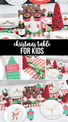 christmas table for kids with red and green decorations