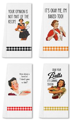 four kitchen towels with different images of women in aprons and cooking utensils