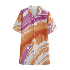 Lesbian Pride Hawaiian shirt - 98% cotton, 2% Spandex. Comfortable and skin-friendly, soft and breathable. Classic Hawaiian shirt, Roman collar, comfortable and breathable lightweight fabric providing a cool and pleasant wearing experience during a hot summer. Perfect for daily wear. Sizes XS to 6XL Design based on the Lesbian Pride flag. Color design created using poured paint in Agate pattern. Perfect gift for Lesbians, Sapphics, WLW, GLG and LGBTIQ+. Ideal gift for a friend or relative identi Collared T-shirt For Beach With Relaxed Fit, Casual Rainbow Print Relaxed Fit Top, Casual Rainbow Print Top With Relaxed Fit, Relaxed Fit Multicolor Print Shirt For Beach, Casual Relaxed Fit Rainbow Print Tops, Pink Camp Shirt With Graphic Print, Orange Relaxed Fit Printed Shirt, Orange Relaxed Fit Cotton Camp Shirt, Multicolor Relaxed Fit Shirt With Sublimation Print