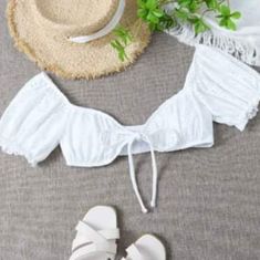 White Tie Off Shoulder Bikini Top, With Lace Detail. White Tie, Lace Detail, Womens Swim, Off Shoulder, Color White, Swimming, Lace, Women Shopping, White