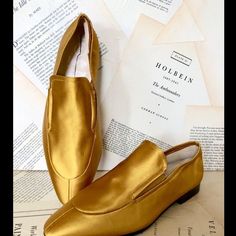 Anthropologie Joseph Mustard Yellow Gold Satin Slip On Flat Loafers New Without Tags * Retail Price: $530.00 * There Is A Line Through The Logo To Prevent Store Return *There Were Not In A Box And Are Not Pristine Please See Pics, Price Reflects This Luxury Gold Flats For Spring, Gold Flats For Summer Formal Occasions, Gold Flats For Formal Summer Occasions, Gold Flats For Summer Formal Events, Gold Flats For Formal Summer Events, Luxury Summer Formal Flats, Elegant Gold Flats For Galas, Gold Loafers For Spring Formal Occasion, Formal Gold Flats With Leather Sole