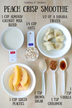 the ingredients for peach crisp smoothie laid out in bowls